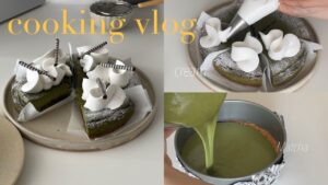 [COOKING VLOG🥣]混ぜるだけで簡単♡抹茶のホワイトチョコチーズケーキ作り👩🏻‍🍳✨｜簡単なのに可愛くて美味しい💚 /お菓子作り/製菓学生